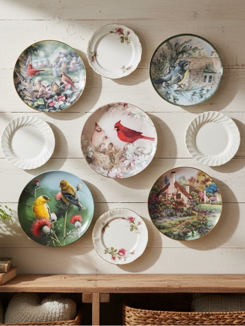 Nine Pc Decorative Bird and Floral Collector Plates - Plate Wall Gallery